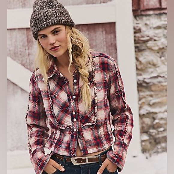 Free People Tops - NWT Free People Plaid Ruffle Button Down Shirt Red Western Flannel Top Medium